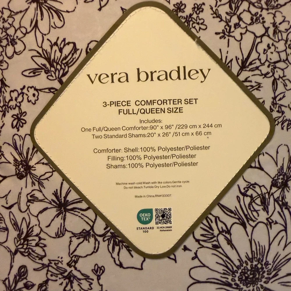 Vera Bradley Comforter Set Full Queen White Black Purple Floral Reversible 3pc